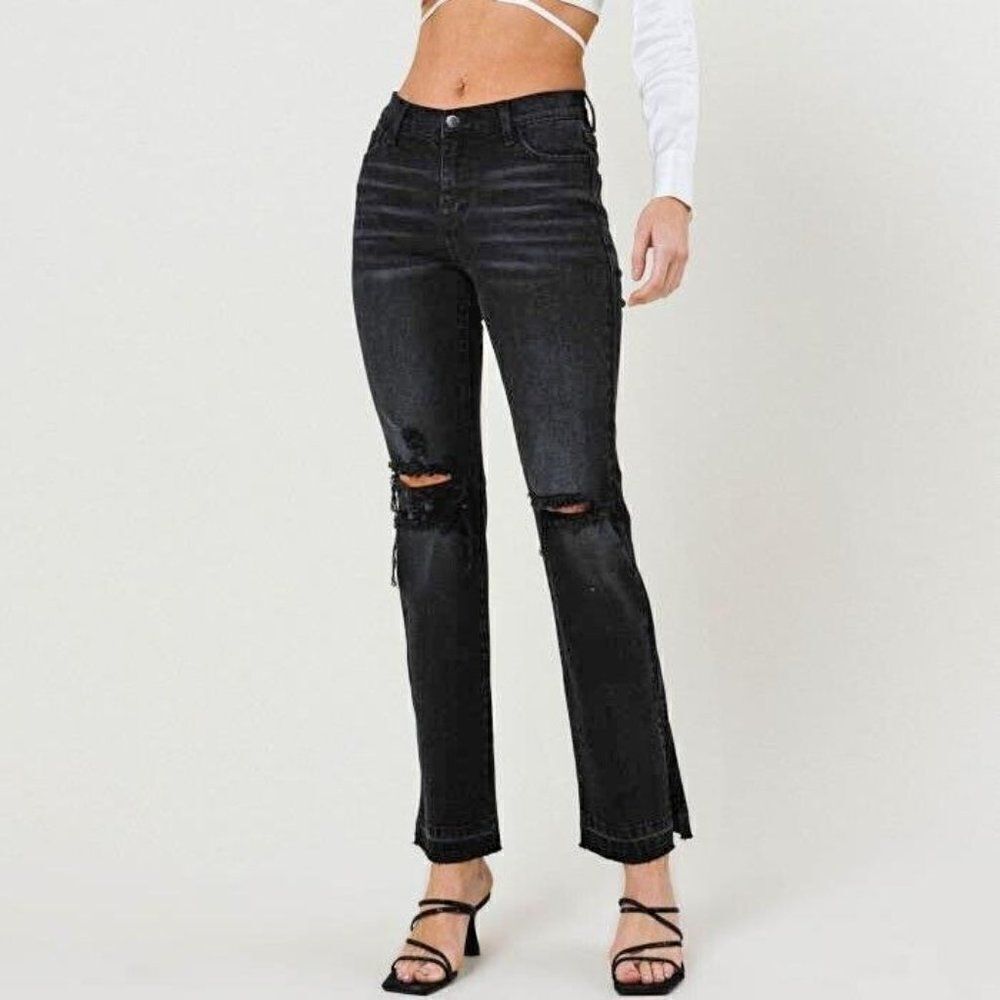 Vibrant Miu Split Leg Vintage Black Bootcut Ripped Jeans Womens Raw Hem‎ 3 / 25